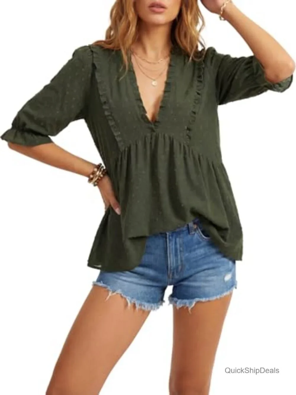 Swiss Dot Ruffle V Neck Peplum Boho Blouse